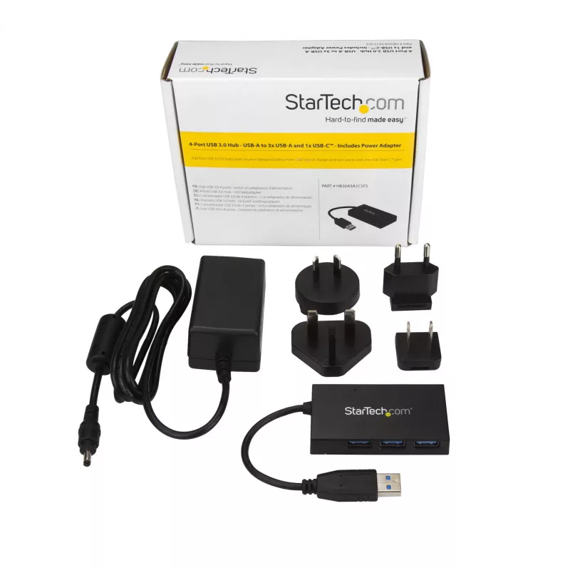 StarTech.com 4 portu USB 3.0 centrmezgls - USB Type-A centrmezgls ar 1x USB-C un 3x USB-A (SuperSpeed 5Gbps) - barošana no USB kopnes vai ārēja adaptera - pārnēsājams USB 3.1/3.2 Gen 1 BC 1.2 uzlādes centrmezgls ar strāvas adapteri~4 Portu USB 3.0 centrmezgls - USB Type-A centrmezgls ar 1x USB-C un 3x USB-A (SuperSpeed 5Gbps) - barošana no USB kopnes vai ārēja adaptera - pārnēsājams USB 3.2 Gen…