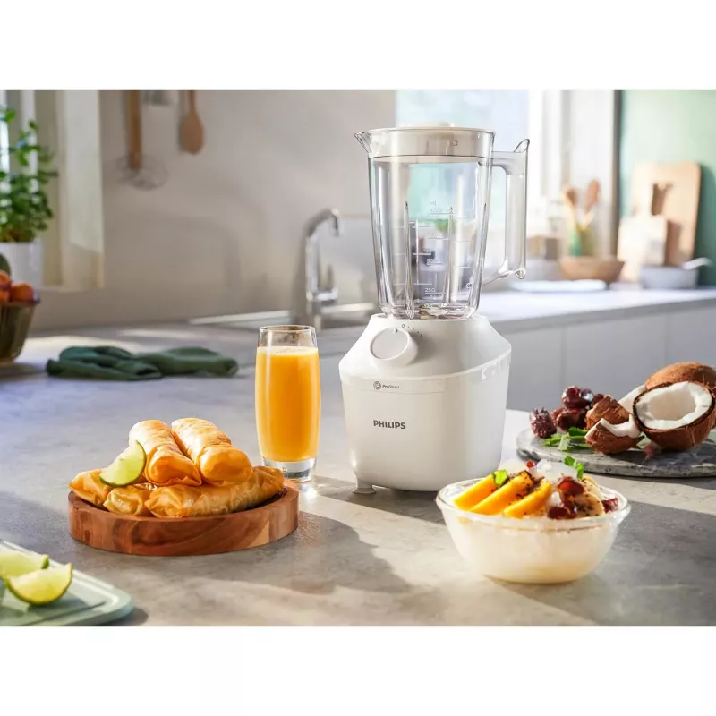 Galda blenderis Philips HR2041/00 — 450 W, 1,9 L plastmasas trauks, nerūsējošā tērauda asmeņi, balts