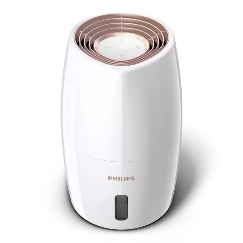 Mitrinātājs Philips HU2716/10 — 2 L tvertne, 17 W, 220–240 V, balts/rozā zelts, kompakts 220×220×350 mm