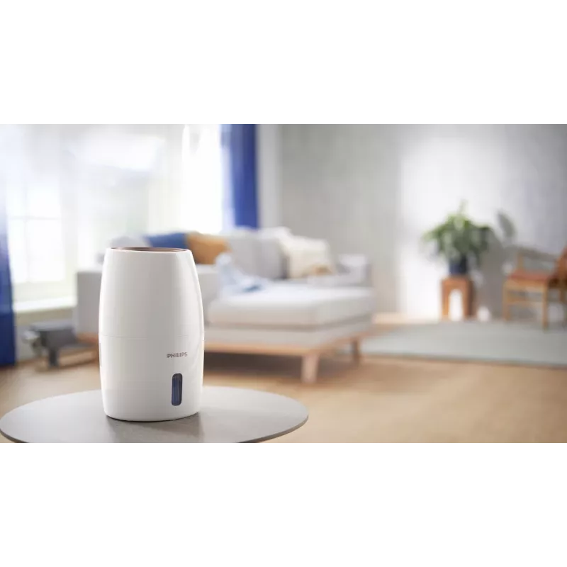 Mitrinātājs Philips HU2716/10 — 2 L tvertne, 17 W, 220–240 V, balts/rozā zelts, kompakts 220×220×350 mm