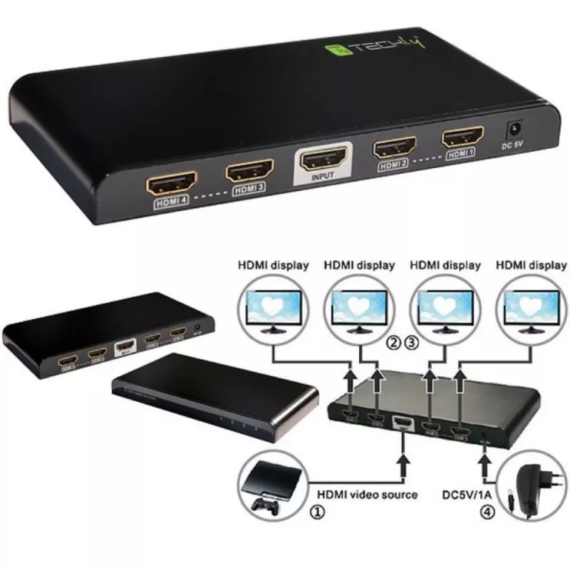 Techly sadalītājs HDMI 2.0 4K UHD 3D izeju, HDMI, 4x HDMI, 3840 x 2160 pikseļi, melns, 4K Ultra HD, 30 m