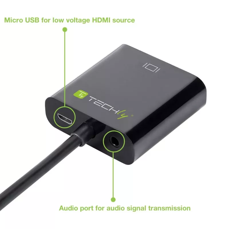 Techly kabeļa adapteris-pārveidotājs HDMI uz VGA ar Micro USB un audio IDATA HDMI-VGA2AU