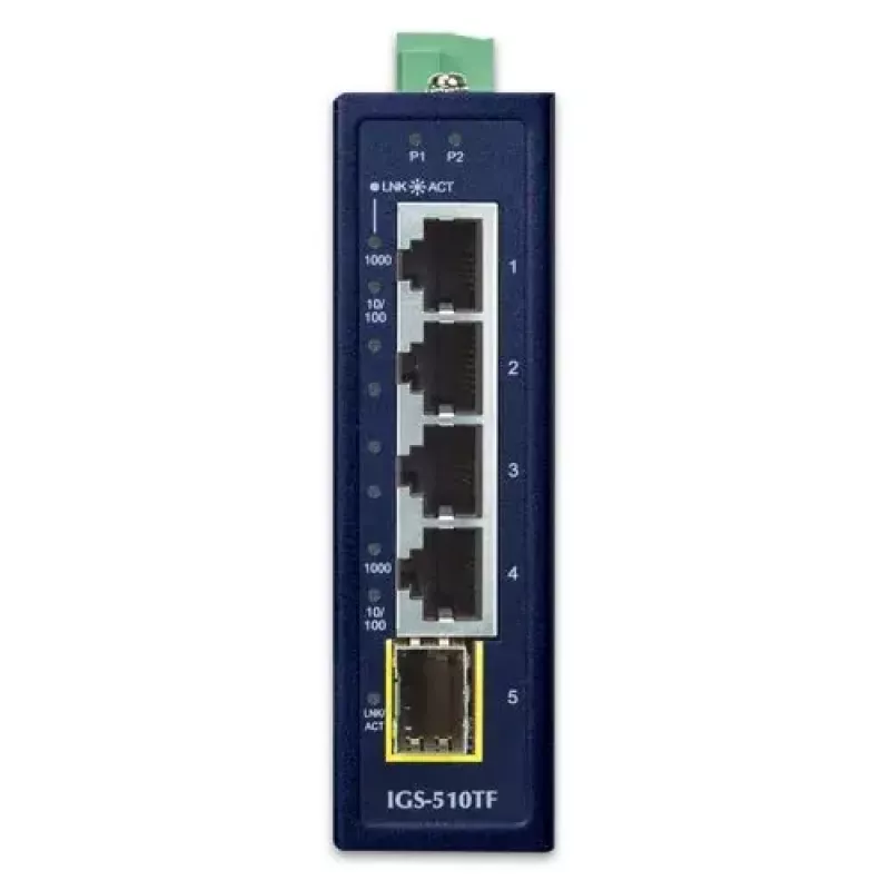 Nepārvaldāms Gigabit Ethernet slēdzis PLANET IGS-510TF — 4 x 10/100/1000 Mbps, 10 Gbit/s komutācija, 9–48V līdzstrāva, piestiprināms pie sienas