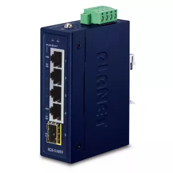 Nepārvaldāms Gigabit Ethernet slēdzis PLANET IGS-510TF — 4 x 10/100/1000 Mbps, 10 Gbit/s komutācija, 9–48V līdzstrāva, piestiprināms pie sienas