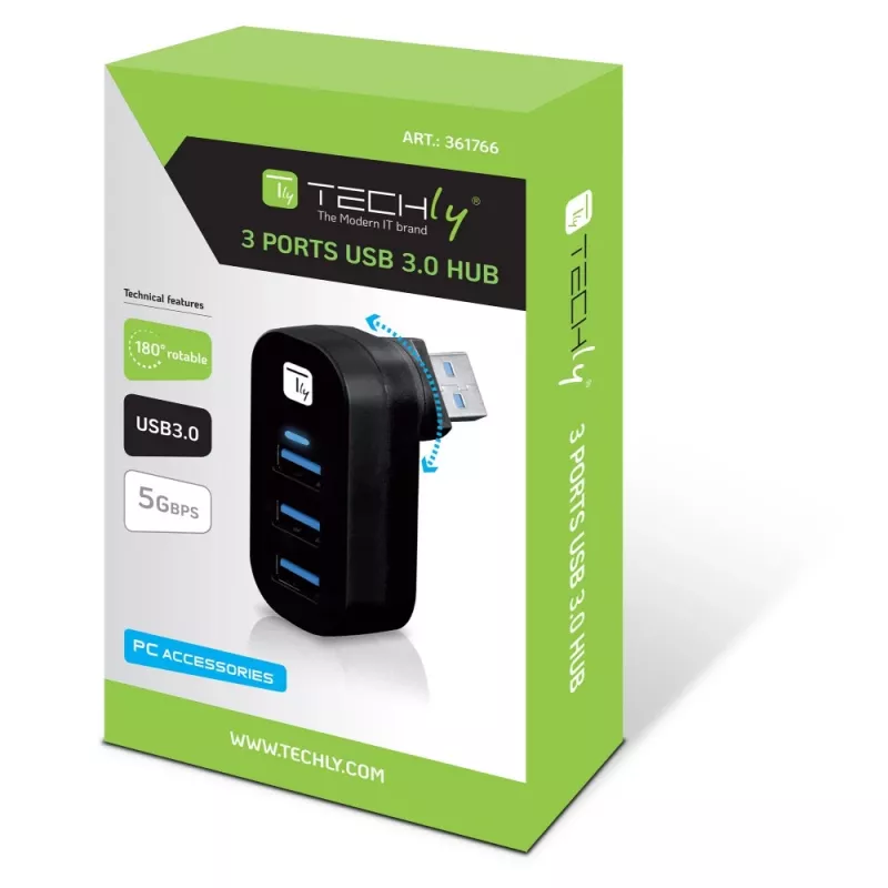 Techly IUSB3-HUB3-ROTB saskarnes centrmezgls USB 3.2 Gen 1 (3.1 Gen 1) Type-A 5000 Mbit/s Melns