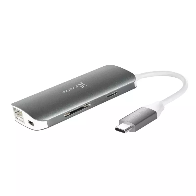 j5create JCD383 USB-C™ 9-in-1 daudzfunkciju adapteris, sudraba un balts