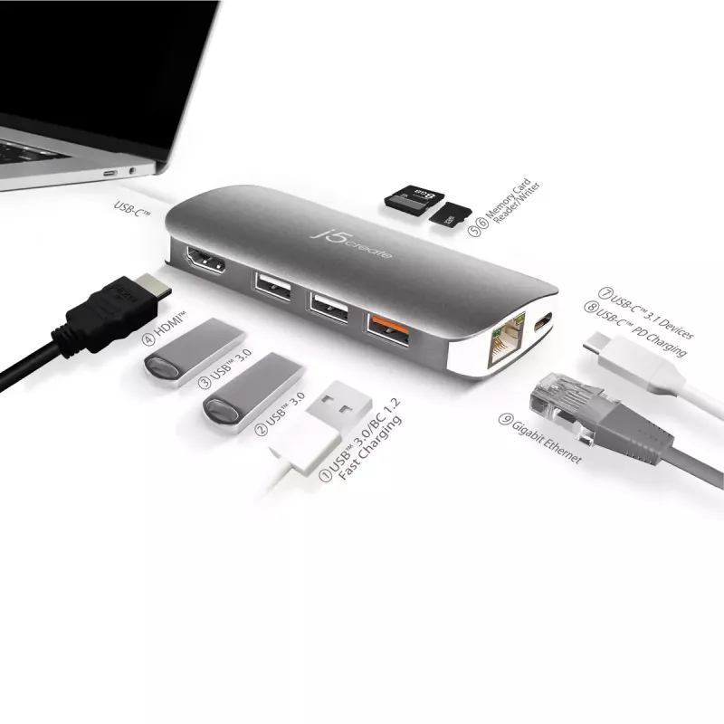 j5create JCD383 USB-C™ 9-in-1 daudzfunkciju adapteris, sudraba un balts