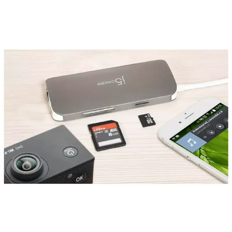 j5create JCD383 USB-C™ 9-in-1 daudzfunkciju adapteris, sudraba un balts