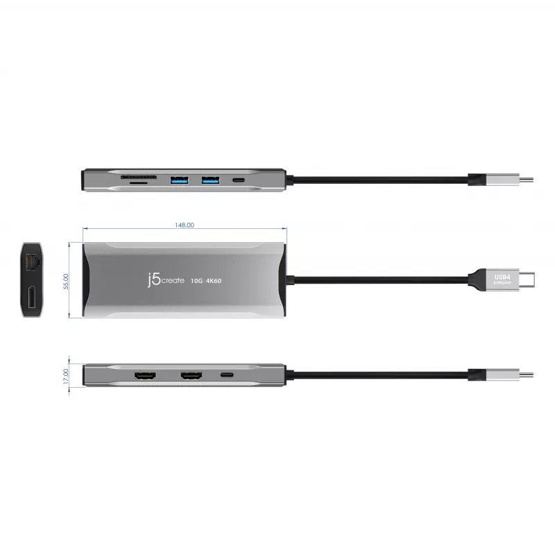 j5create JCD397-N 4K60 Elite USB-C daudzmonitoru mini dokstacija, vadu, USB 3.2 Gen 1