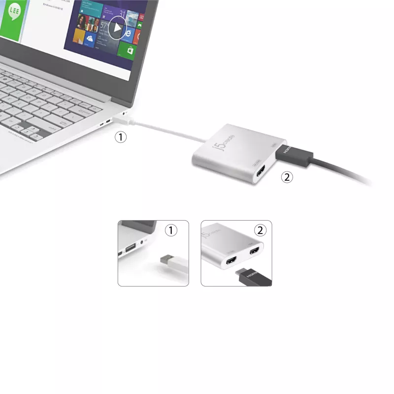 j5create JUA365 USB™ 3.0 uz diviem HDMI vairāku monitoru adapteris, sudraba