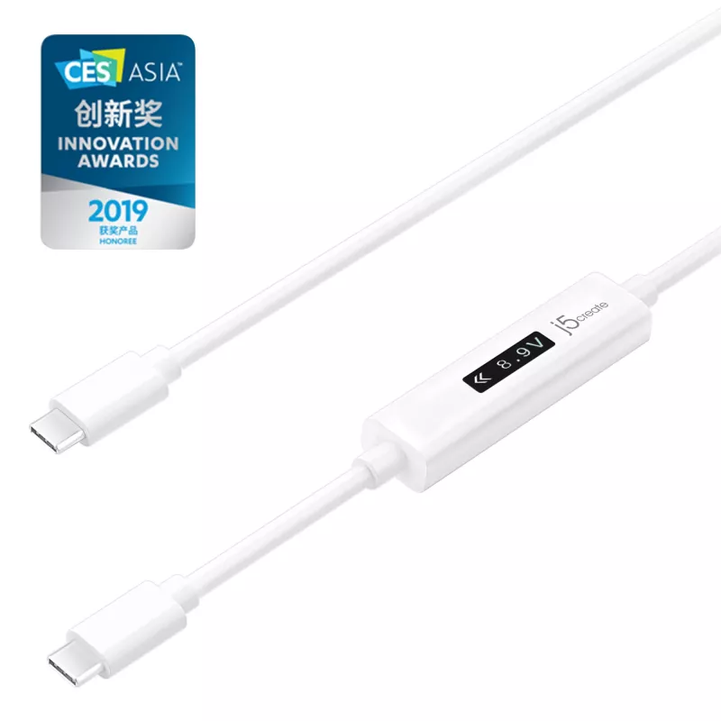 j5create JUCP14 USB-C™ 2.0 uz USB-C™ kabelis ar OLED dinamisko jaudas mērītāju, balts, 1,2 m