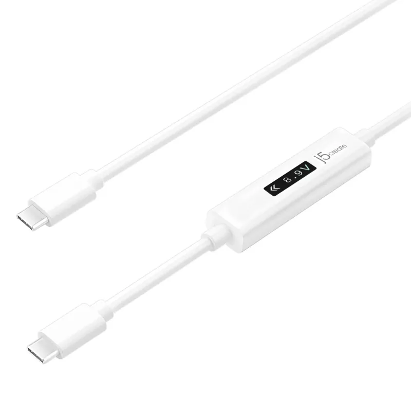 j5create JUCP14 USB-C™ 2.0 uz USB-C™ kabelis ar OLED dinamisko jaudas mērītāju, balts, 1,2 m