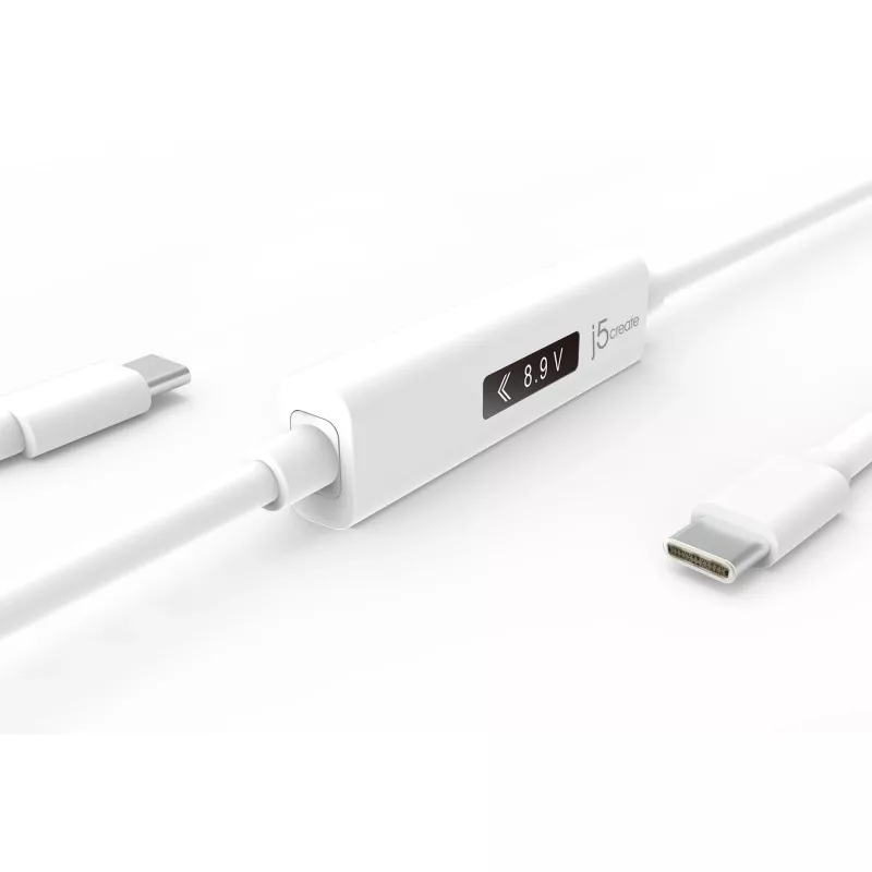 j5create JUCP14 USB-C™ 2.0 uz USB-C™ kabelis ar OLED dinamisko jaudas mērītāju, balts, 1,2 m