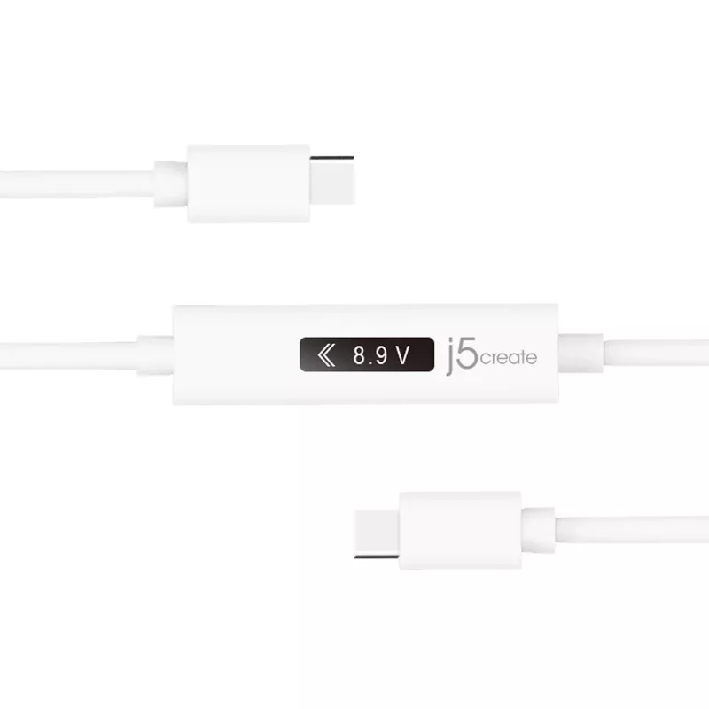j5create JUCP14 USB-C™ 2.0 uz USB-C™ kabelis ar OLED dinamisko jaudas mērītāju, balts, 1,2 m