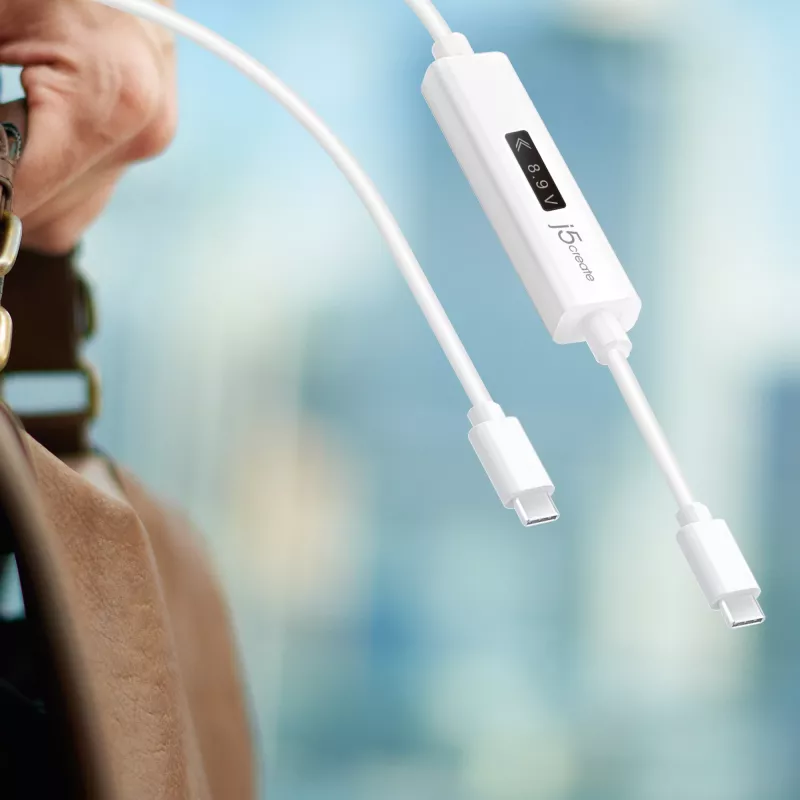 j5create JUCP14 USB-C™ 2.0 uz USB-C™ kabelis ar OLED dinamisko jaudas mērītāju, balts, 1,2 m