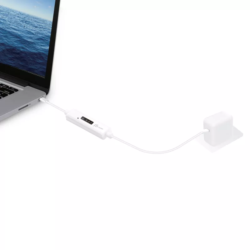 j5create JUCP14 USB-C™ 2.0 uz USB-C™ kabelis ar OLED dinamisko jaudas mērītāju, balts, 1,2 m