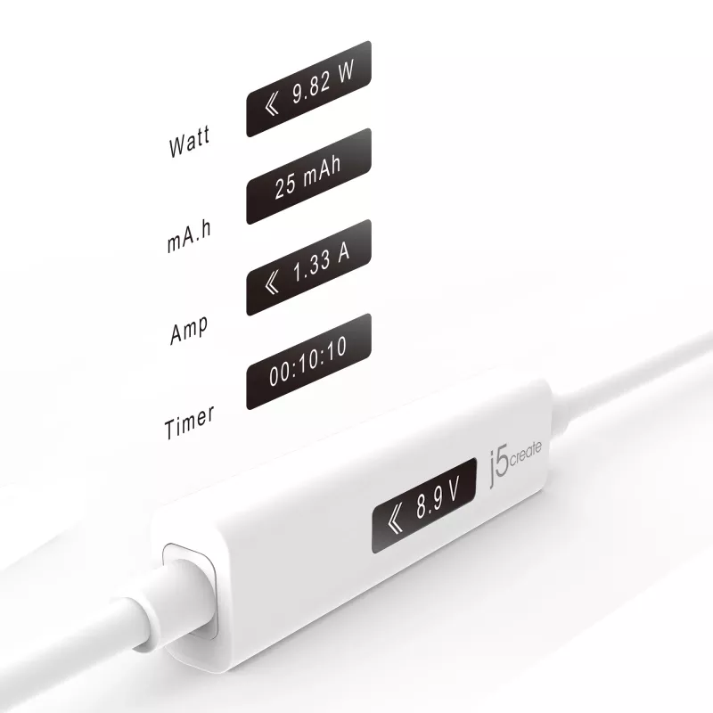 j5create JUCP14 USB-C™ 2.0 uz USB-C™ kabelis ar OLED dinamisko jaudas mērītāju, balts, 1,2 m