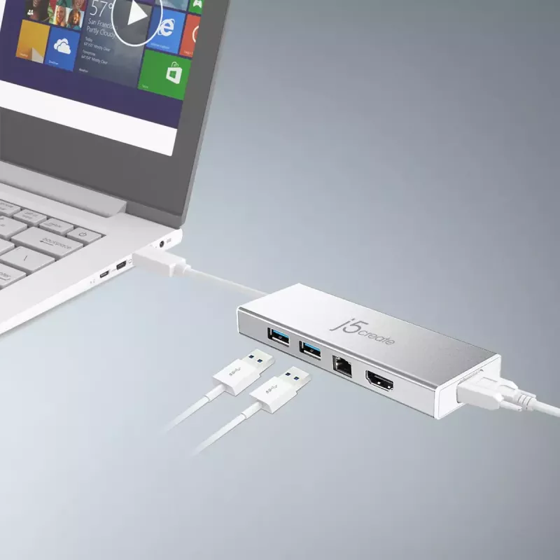 j5create JUD380 USB™ 3.0 Mini dokstacija, 1x HDMI ports un 3x USB porti, sudraba