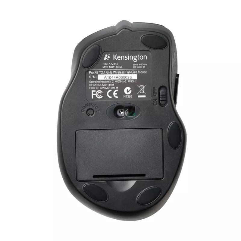 Kensington Pro Fit pilna izmēra bezvadu pele, piemērota abām rokām, optiskā, RF bezvadu, 1600 DPI, melna