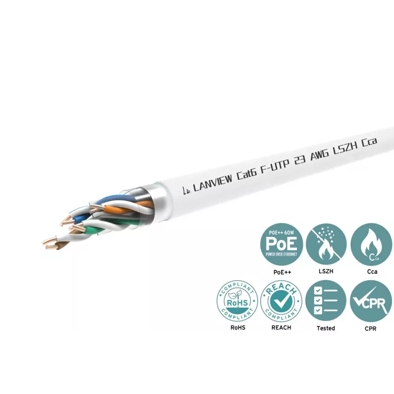 Cat6 F-UTP tīkla kabelis 4x2xAWG23 LSZH balts 500m,