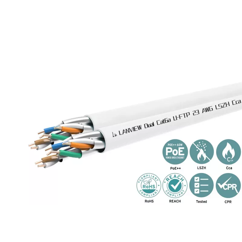Cat6a U-FTP Dual Network kabelis 4x2xAWG23 LSZH Balts