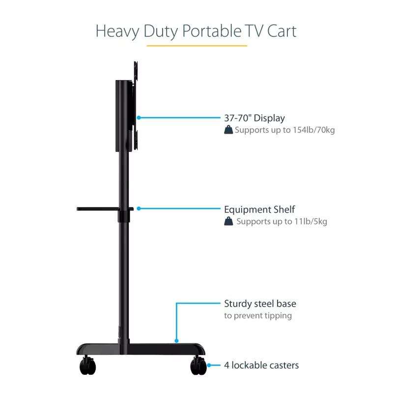 StarTech.com Mobilais televizora ratiņi – Pārnēsājams ritošs TV statīvs 37-70 collu VESA displejiem (154 mārciņas/70 kg) – TV statīvs ar plauktu un glabāšanas nodalījumu – Pagriežams/sasverams displejs – Universāls TV stiprinājums uz riteņiem