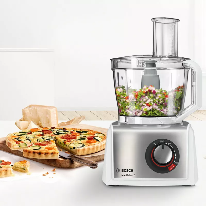 Virtuves kombains Bosch MC812S814, 1250 W, 3,9 L bļoda, nerūsējošais tērauds/balts, mainīgs ātrums, rotējošā vadība