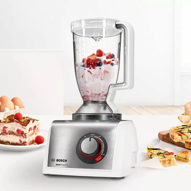 Virtuves kombains Bosch MC812S814, 1250 W, 3,9 L bļoda, nerūsējošais tērauds/balts, mainīgs ātrums, rotējošā vadība