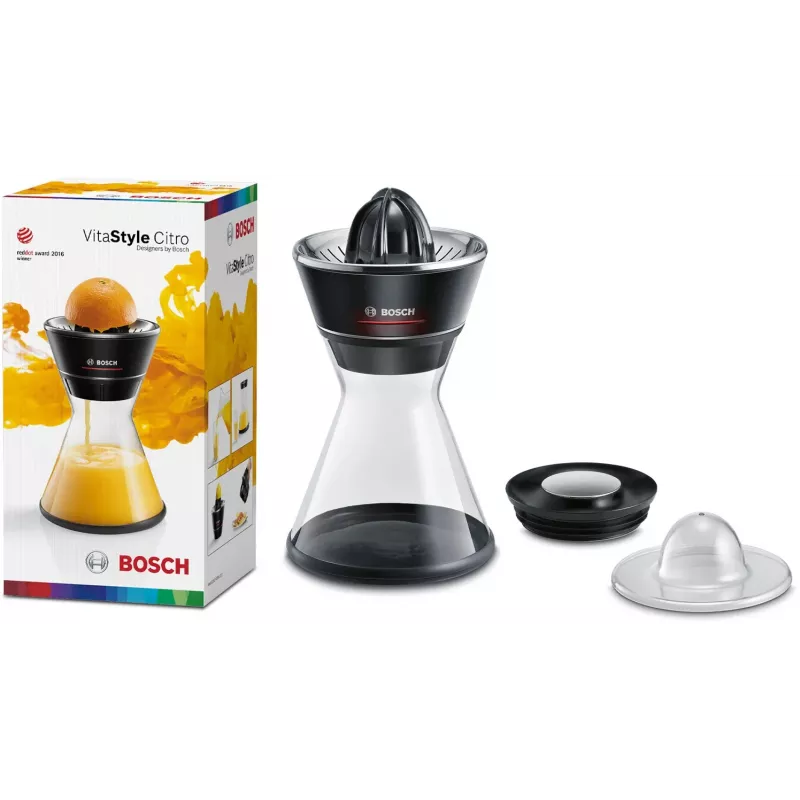 Citrus spiede Bosch MCP72GPB — elektriskā citrusaugļu spiede, nerūsējošais tērauds, 1 L sulas trauks, melna