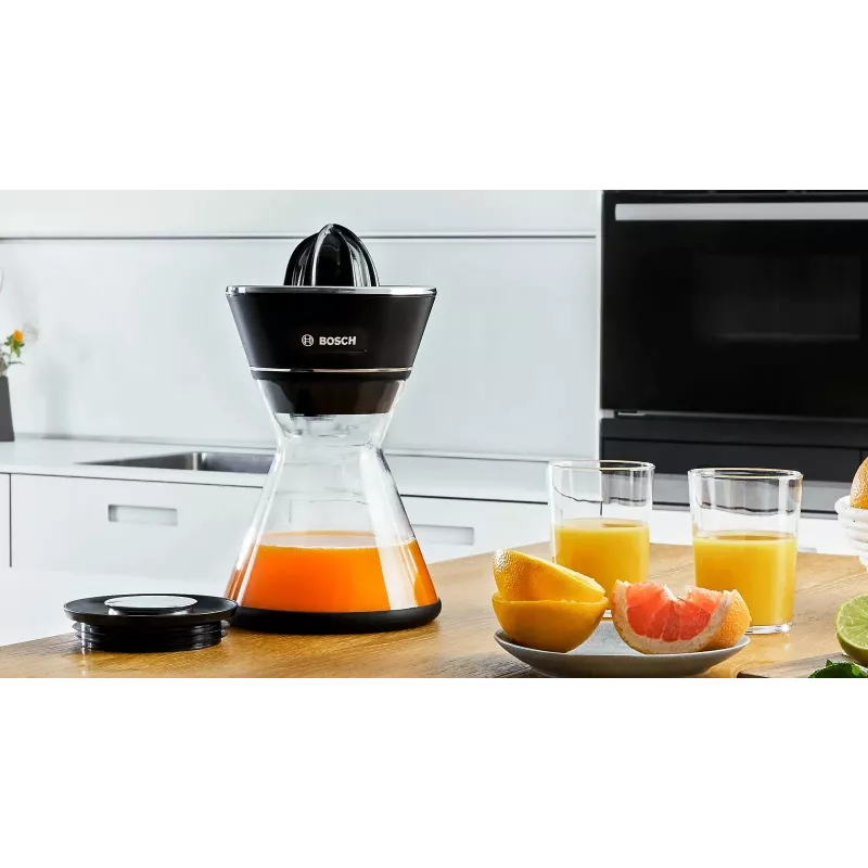 Citrus spiede Bosch MCP72GPB — elektriskā citrusaugļu spiede, nerūsējošais tērauds, 1 L sulas trauks, melna