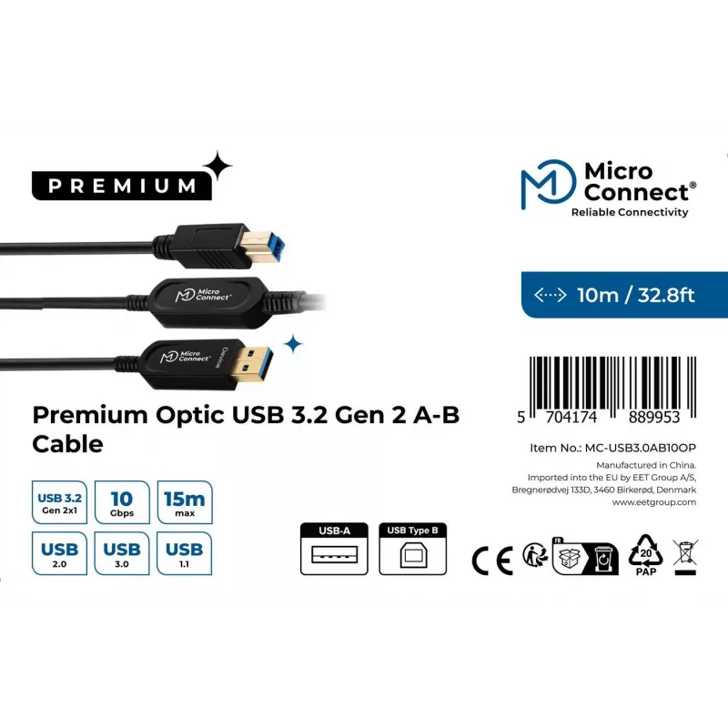 Microconnect MC-USB3.0AB10OP USB kabelis USB 3.2 Gen 2 (3.1 Gen 2) 10 m USB A USB B Melns