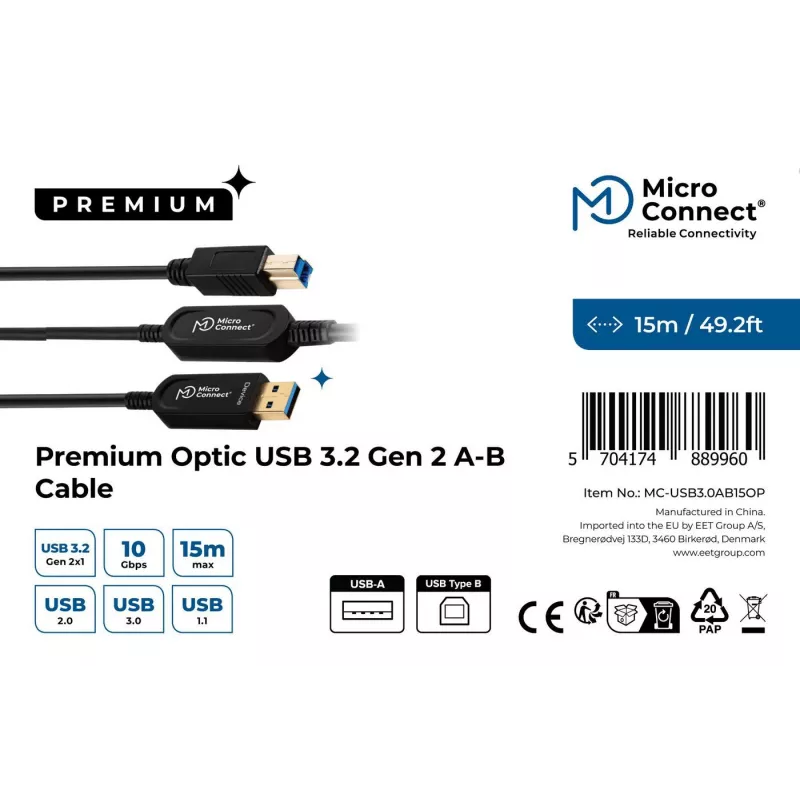 Microconnect MC-USB3.0AB15OP USB kabelis USB 3.2 Gen 2 (3.1 Gen 2) 15 m USB A USB B Melns