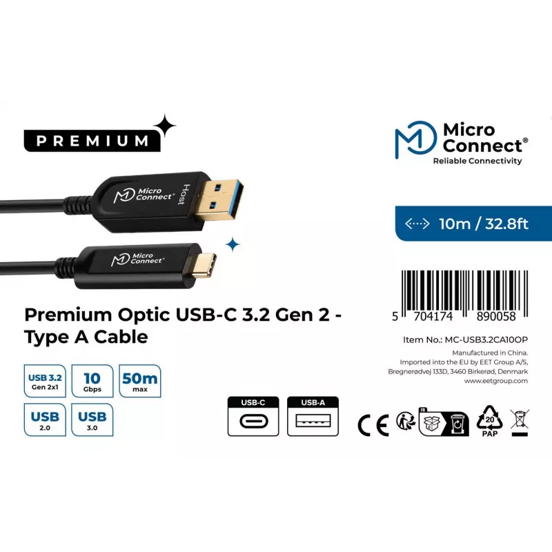 Microconnect MC-USB3.2CA10OP USB kabelis USB 3.2 Gen 2 (3.1 Gen 2) 10 m USB A USB C Melns