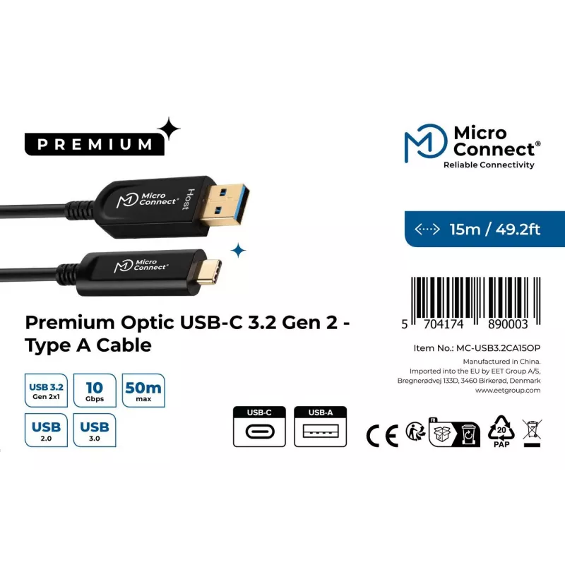 Microconnect MC-USB3.2CA15OP USB kabelis USB 3.2 Gen 2 (3.1 Gen 2) 15 m USB A USB C melns