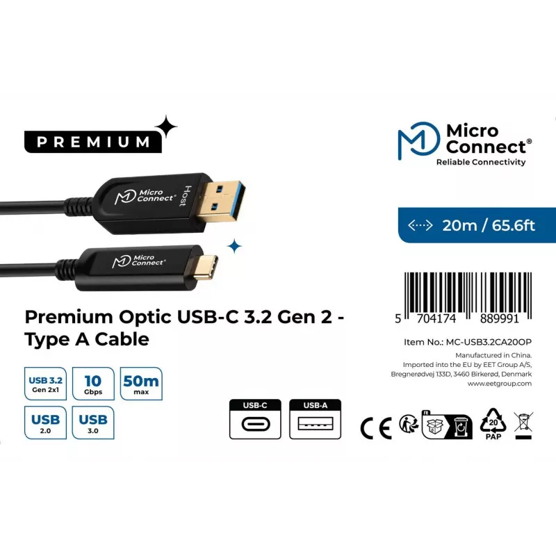Microconnect MC-USB3.2CA20OP USB kabelis USB 3.2 Gen 2 (3.1 Gen 2) 20 m USB A USB C Melns