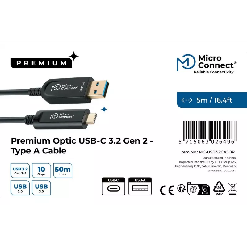 Microconnect MC-USB3.2CA5OP USB kabelis USB 3.2 Gen 2 (3.1 Gen 2) 5 m USB A USB C Melns