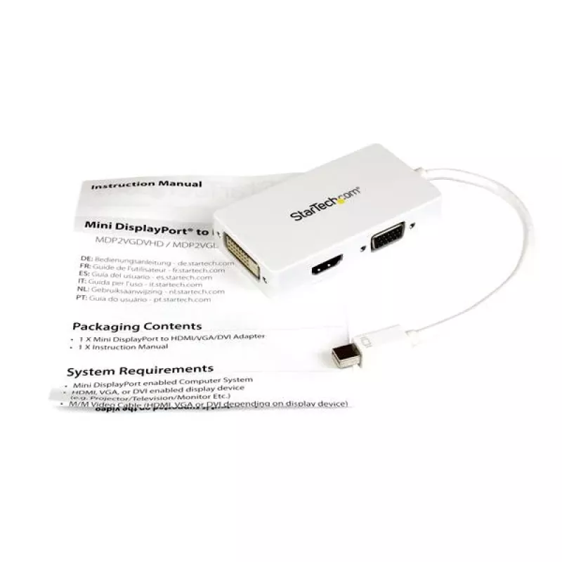 StarTech.com ceļojumu A/V adapteris: 3-in-1 Mini DisplayPort uz VGA DVI vai HDMI pārveidotājs - Balts
