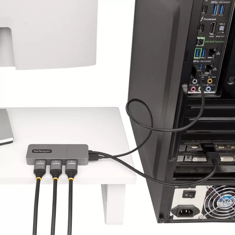 StarTech.com 3 portu MST centrmezgls - DisplayPort uz 3x HDMI, trīskārši 4K 60 Hz monitori, DP 1.4 vairāku monitoru video adapteris, 1 pēdas (30 cm) iebūvēts kabelis, USB barošana, tikai Windows