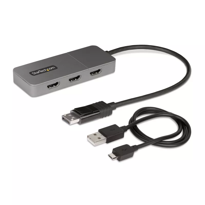 StarTech.com 3 portu MST centrmezgls - DisplayPort uz 3x HDMI, trīskārši 4K 60 Hz monitori, DP 1.4 vairāku monitoru video adapteris, 1 pēdas (30 cm) iebūvēts kabelis, USB barošana, tikai Windows