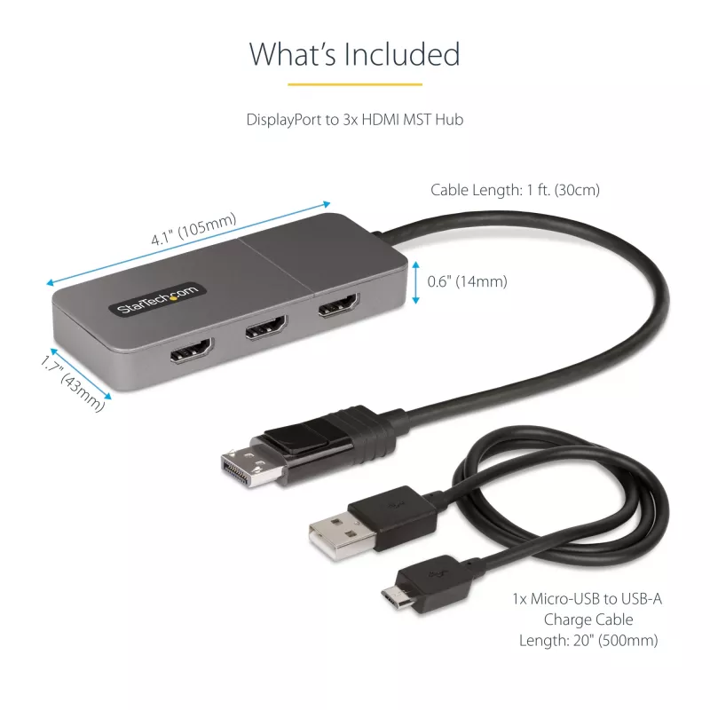 StarTech.com 3 portu MST centrmezgls - DisplayPort uz 3x HDMI, trīskārši 4K 60 Hz monitori, DP 1.4 vairāku monitoru video adapteris, 1 pēdas (30 cm) iebūvēts kabelis, USB barošana, tikai Windows