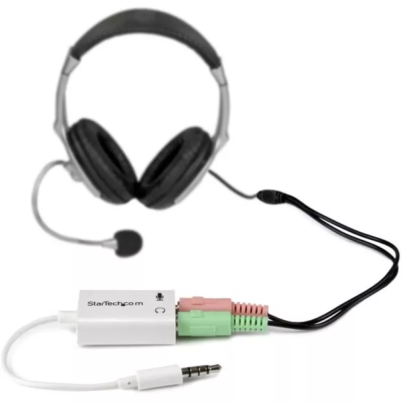 StarTech.com baltais austiņu adapteris austiņām ar atsevišķiem austiņu / mikrofona spraudņiem – 3,5 mm 4 pozīcijas uz 2x 3 pozīciju 3,5 mm vīrišķais/sieviešais