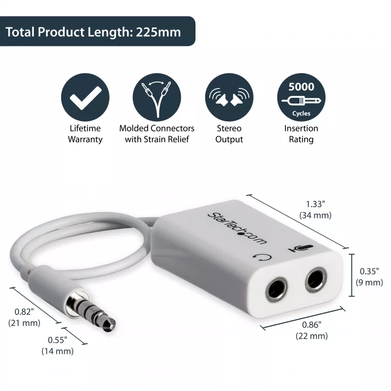 StarTech.com baltais austiņu adapteris austiņām ar atsevišķiem austiņu / mikrofona spraudņiem – 3,5 mm 4 pozīcijas uz 2x 3 pozīciju 3,5 mm vīrišķais/sieviešais
