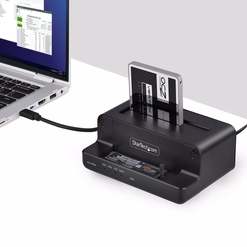 StarTech.com M.2 NVMe uz 2,5/3,5 collu SATA disku dublikators, divu vietu atsevišķs SSD klonētājs/disku dokstacija, divvirzienu NVMe uz SATA / SATA uz NVMe, līdz 27 GB/min, TAA