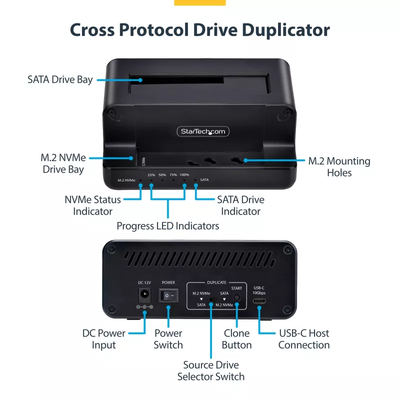 StarTech.com M.2 NVMe uz 2,5/3,5 collu SATA disku dublikators, divu vietu atsevišķs SSD klonētājs/disku dokstacija, divvirzienu NVMe uz SATA / SATA uz NVMe, līdz 27 GB/min, TAA