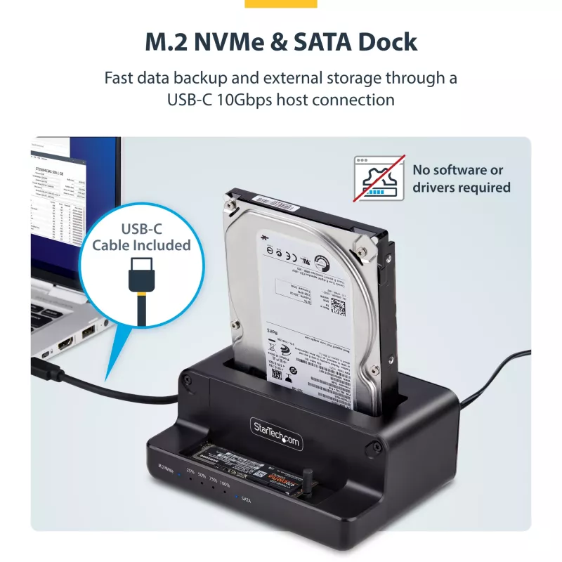 StarTech.com M.2 NVMe uz 2,5/3,5 collu SATA disku dublikators, divu vietu atsevišķs SSD klonētājs/disku dokstacija, divvirzienu NVMe uz SATA / SATA uz NVMe, līdz 27 GB/min, TAA