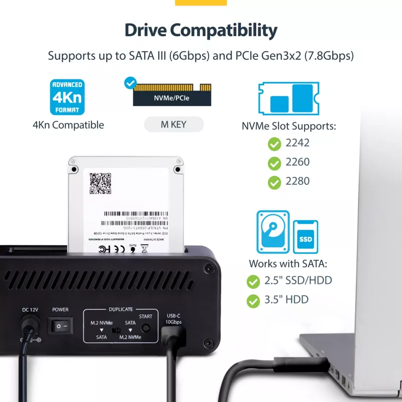 StarTech.com M.2 NVMe uz 2,5/3,5 collu SATA disku dublikators, divu vietu atsevišķs SSD klonētājs/disku dokstacija, divvirzienu NVMe uz SATA / SATA uz NVMe, līdz 27 GB/min, TAA