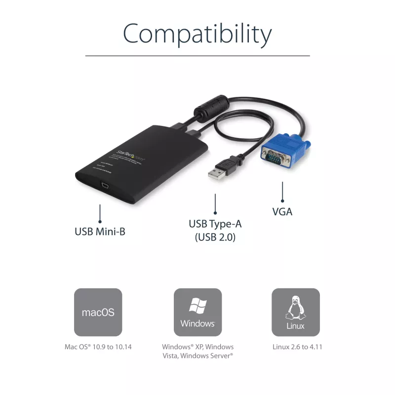 StarTech.com USB Crash Cart Adapter ar datu pārsūtīšanu un video uztveršanu | Pārnēsājama KVM konsole | VGA video | 1920 x 1200 60 Hz | Kabeļi iekļauti