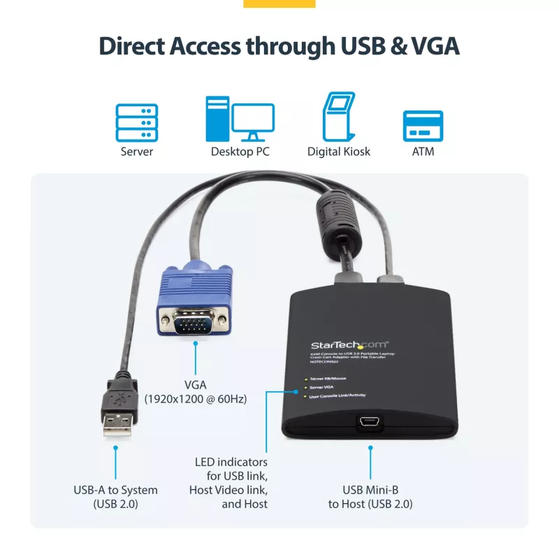 StarTech.com USB Crash Cart Adapter ar datu pārsūtīšanu un video uztveršanu | Pārnēsājama KVM konsole | VGA video | 1920 x 1200 60 Hz | Kabeļi iekļauti