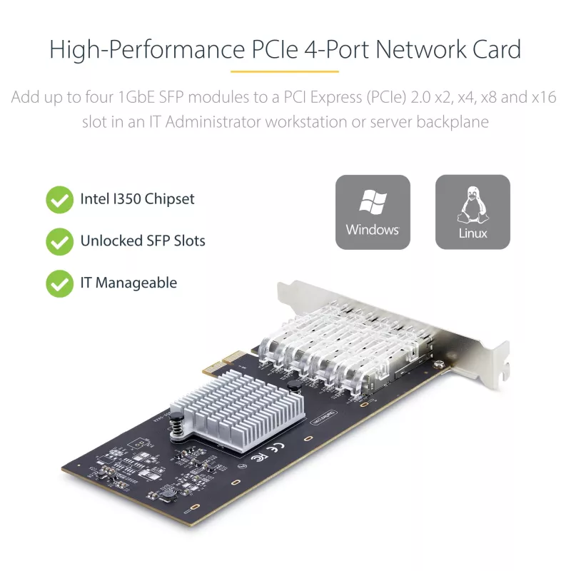 StarTech.com 4-Portu GbE SFP tīkla karte, PCIe 2.0 x2 (saderīga ar x4, x8, x16), Intel I350-AM4 4x 1GbE kontrolieris, 1000BASE varš/optiskā šķiedra, galddatoru/serveru četru portu Gigabit Ethernet NIC - Windows un Linux
