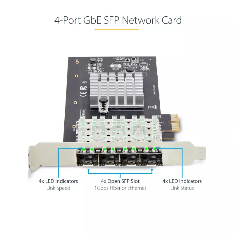 StarTech.com 4-Portu GbE SFP tīkla karte, PCIe 2.0 x2 (saderīga ar x4, x8, x16), Intel I350-AM4 4x 1GbE kontrolieris, 1000BASE varš/optiskā šķiedra, galddatoru/serveru četru portu Gigabit Ethernet NIC - Windows un Linux